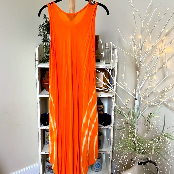 Riviera Sun L  bright orange/red/brown w/embroidery and sequins coverup. Hi/lo - Picture 6 of 7